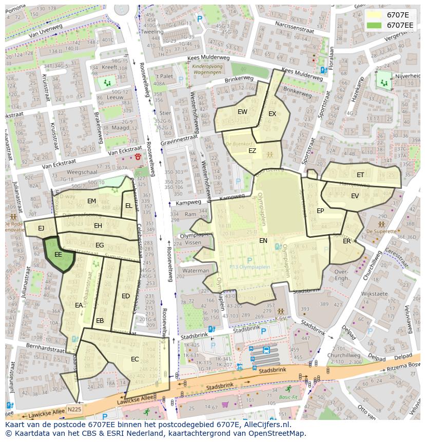 Afbeelding van het postcodegebied 6707 EE op de kaart.