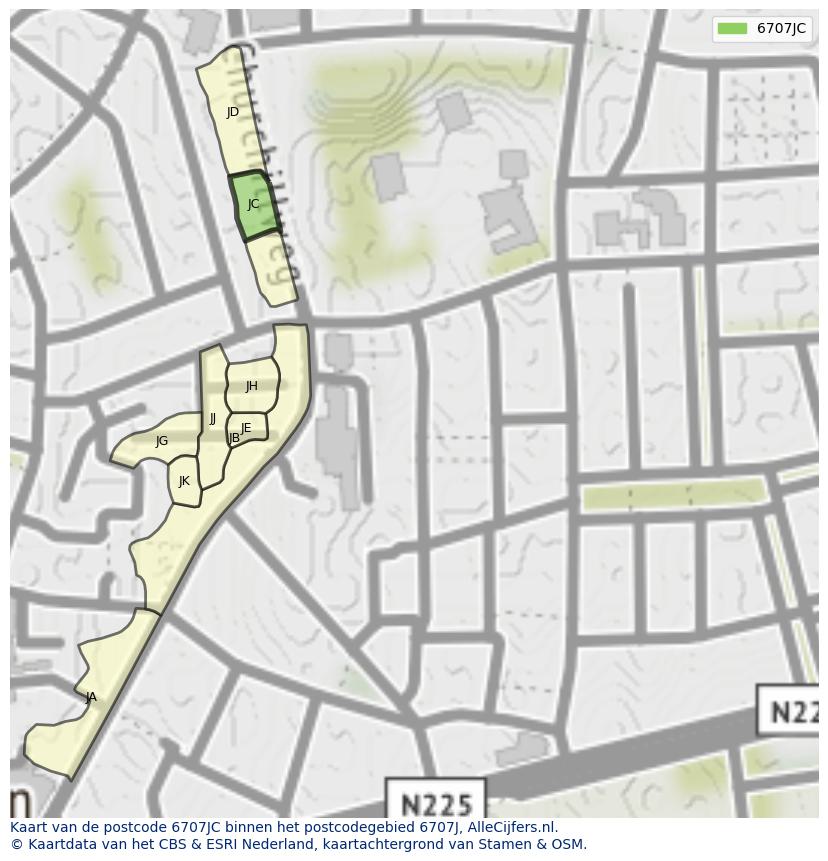 Afbeelding van het postcodegebied 6707 JC op de kaart.