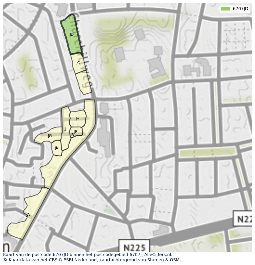 Afbeelding van het postcodegebied 6707 JD op de kaart.