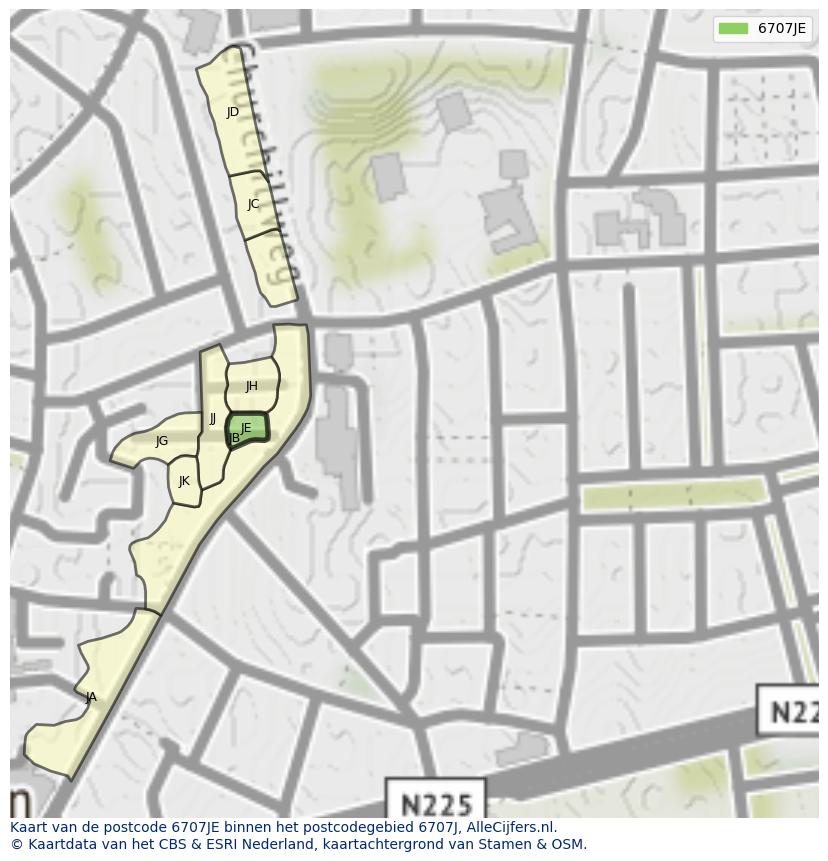 Afbeelding van het postcodegebied 6707 JE op de kaart.