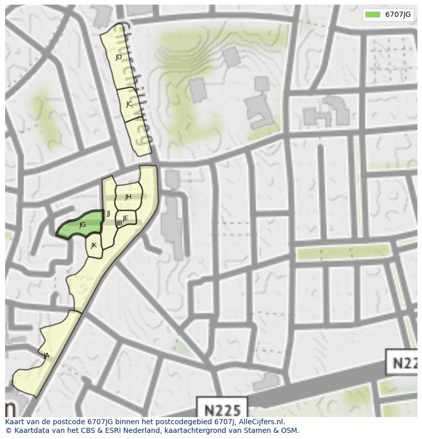 Afbeelding van het postcodegebied 6707 JG op de kaart.