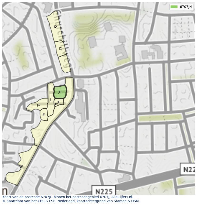 Afbeelding van het postcodegebied 6707 JH op de kaart.