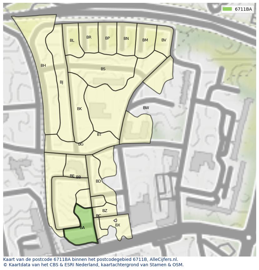 Afbeelding van het postcodegebied 6711 BA op de kaart.