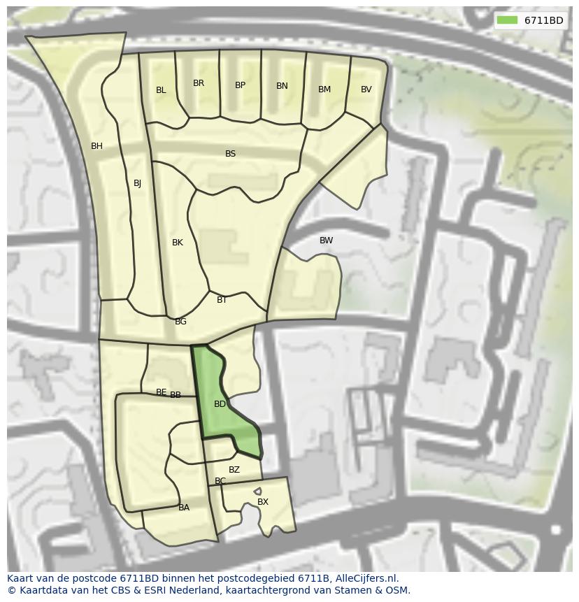 Afbeelding van het postcodegebied 6711 BD op de kaart.