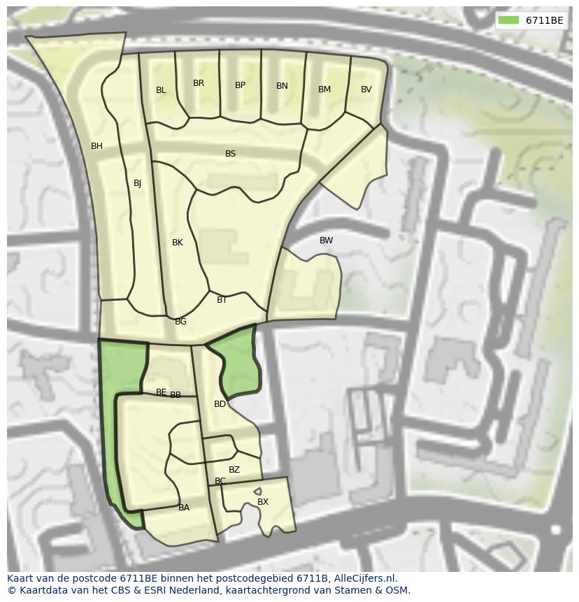 Afbeelding van het postcodegebied 6711 BE op de kaart.