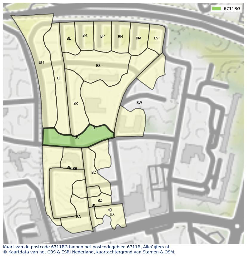 Afbeelding van het postcodegebied 6711 BG op de kaart.