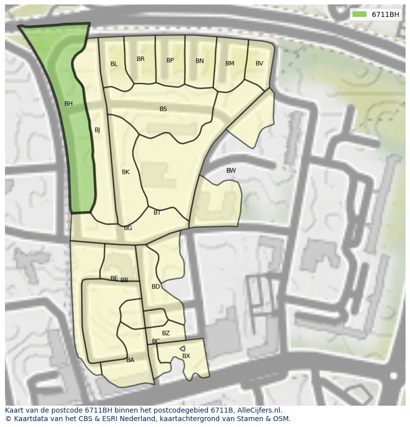Afbeelding van het postcodegebied 6711 BH op de kaart.