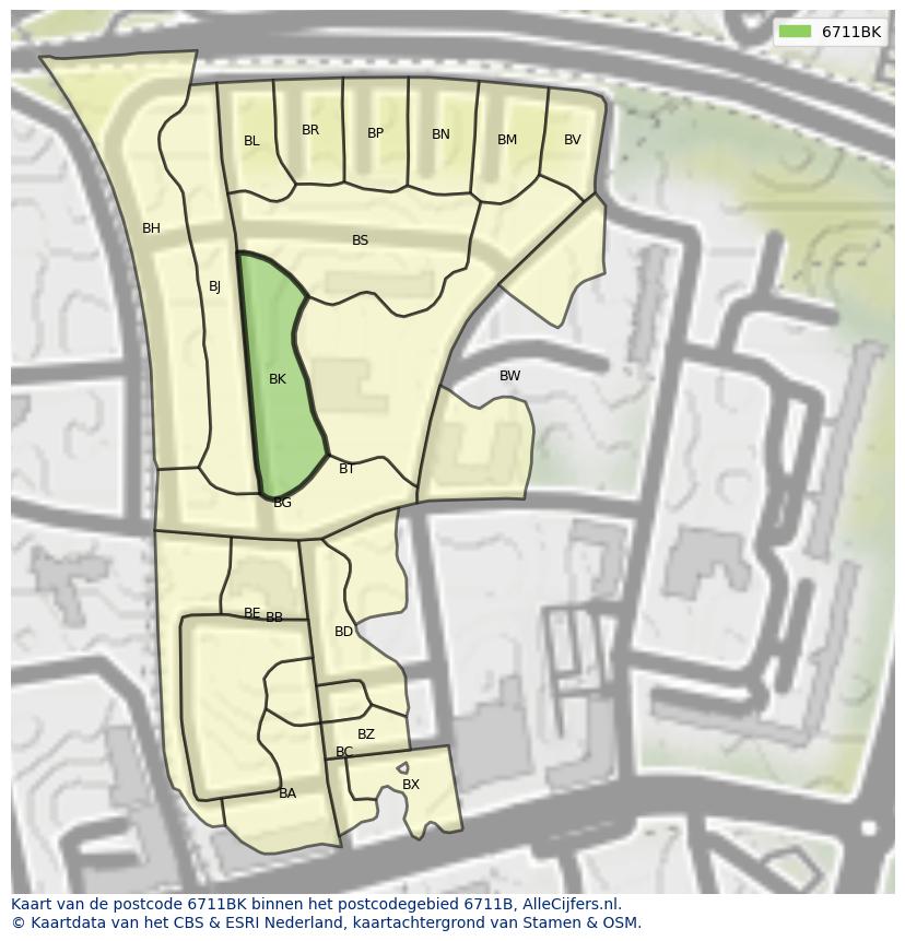 Afbeelding van het postcodegebied 6711 BK op de kaart.