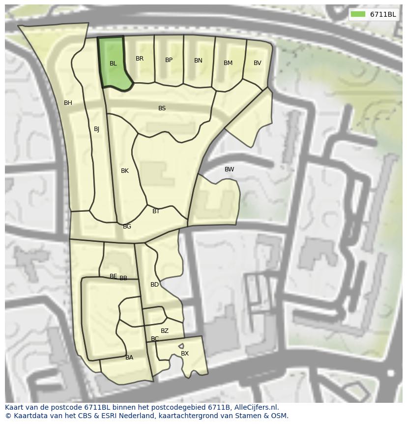 Afbeelding van het postcodegebied 6711 BL op de kaart.