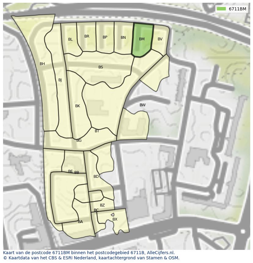 Afbeelding van het postcodegebied 6711 BM op de kaart.