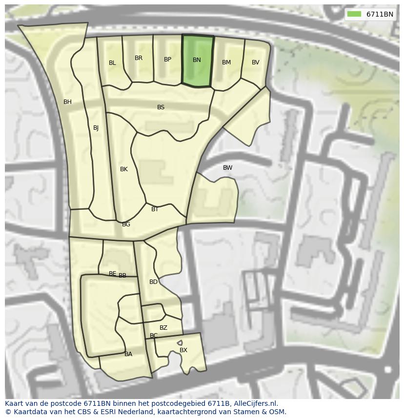 Afbeelding van het postcodegebied 6711 BN op de kaart.