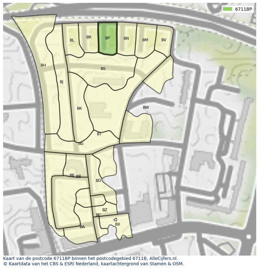 Afbeelding van het postcodegebied 6711 BP op de kaart.