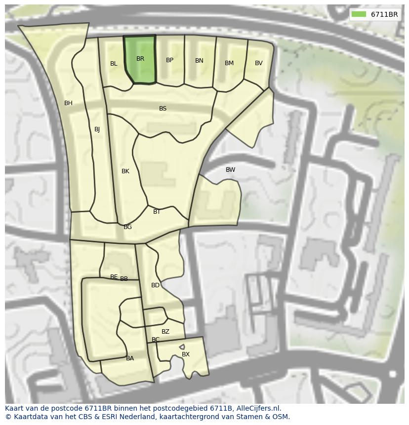 Afbeelding van het postcodegebied 6711 BR op de kaart.