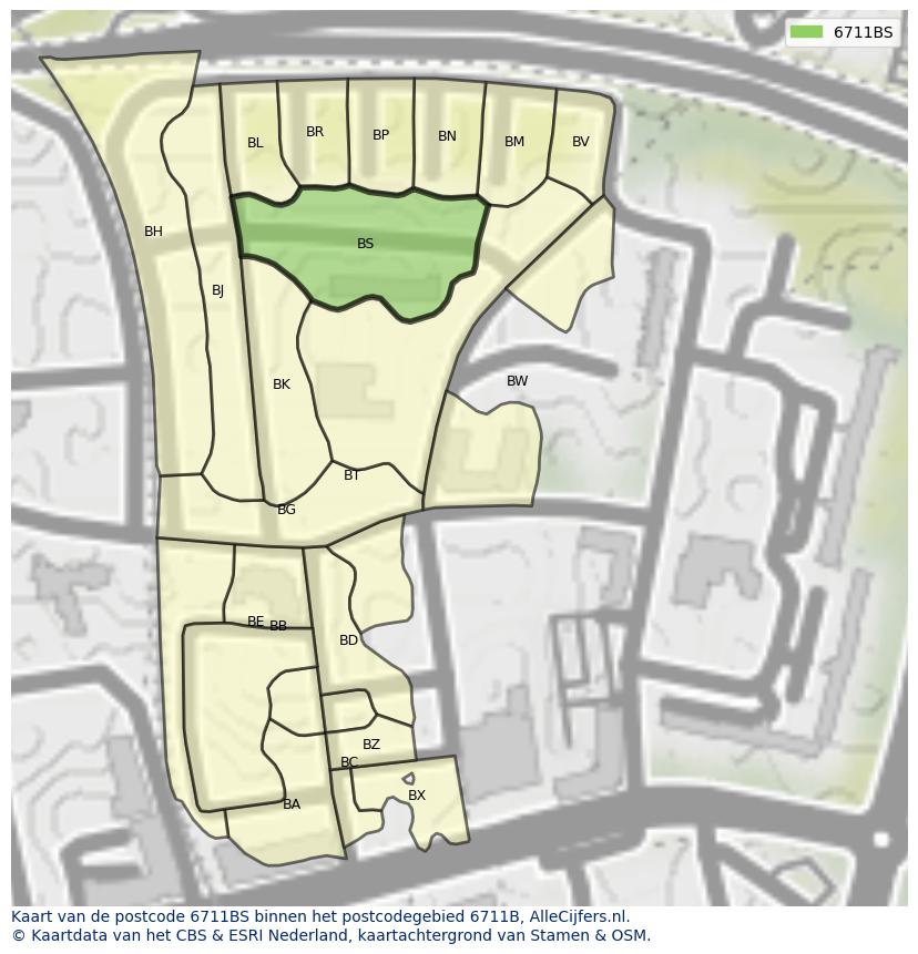 Afbeelding van het postcodegebied 6711 BS op de kaart.