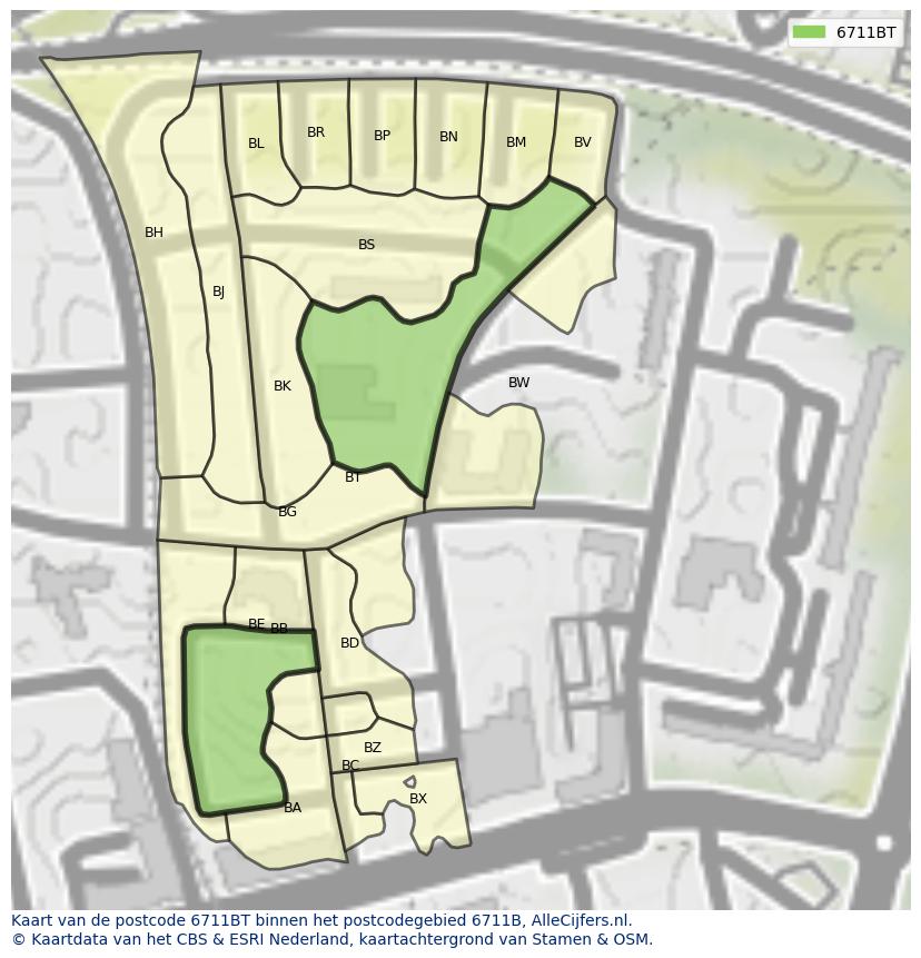 Afbeelding van het postcodegebied 6711 BT op de kaart.