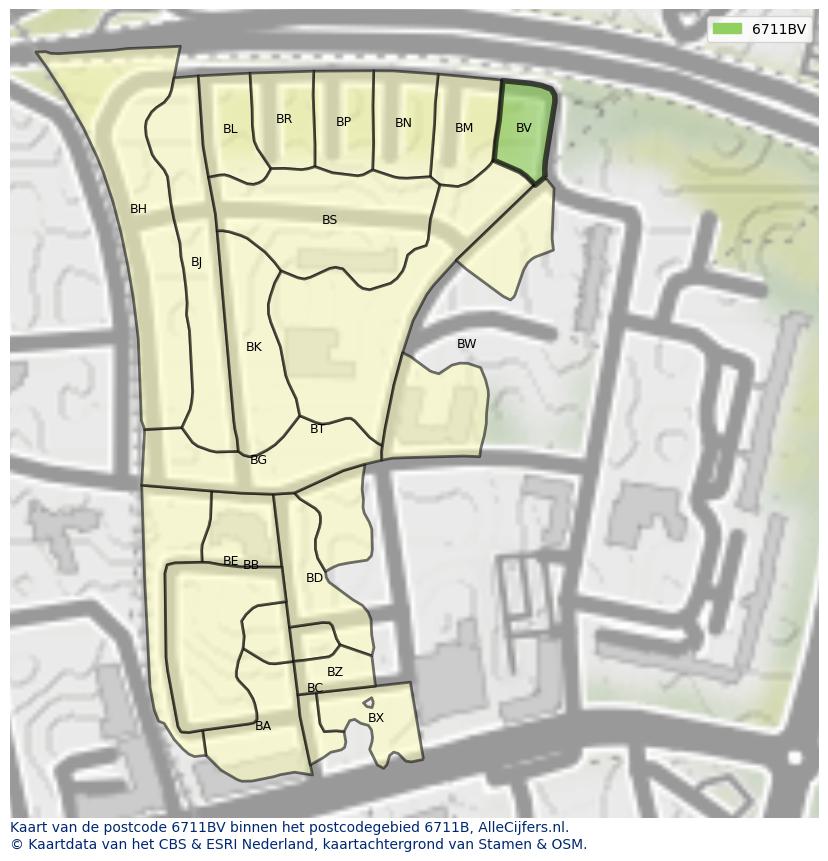 Afbeelding van het postcodegebied 6711 BV op de kaart.