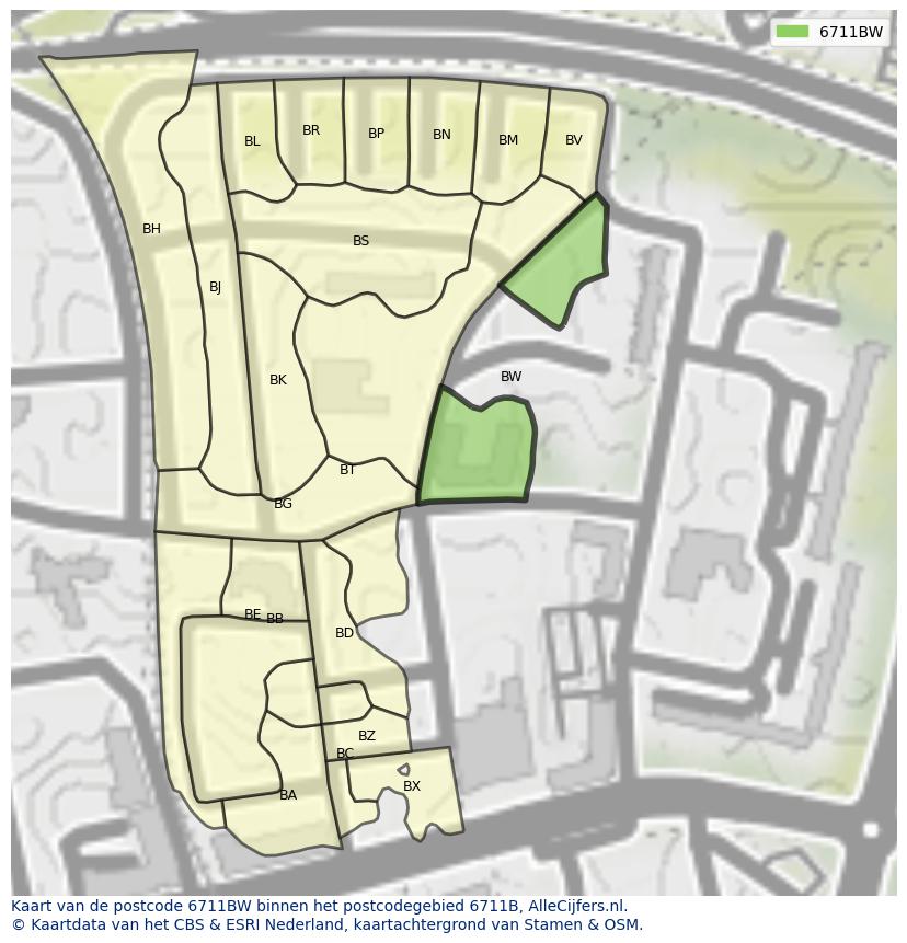 Afbeelding van het postcodegebied 6711 BW op de kaart.