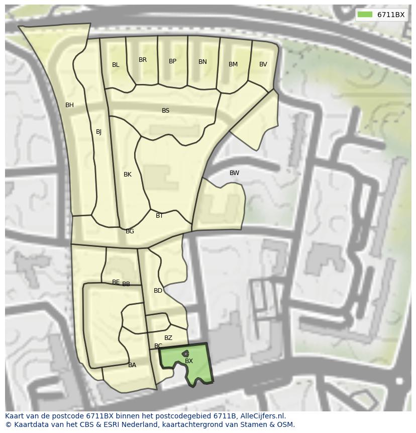 Afbeelding van het postcodegebied 6711 BX op de kaart.