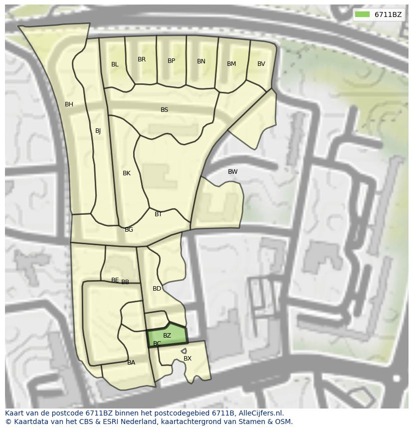 Afbeelding van het postcodegebied 6711 BZ op de kaart.