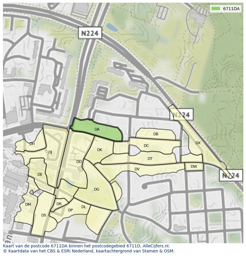 Afbeelding van het postcodegebied 6711 DA op de kaart.