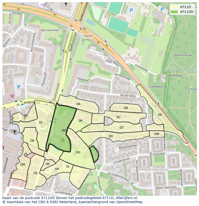 Afbeelding van het postcodegebied 6711 DD op de kaart.