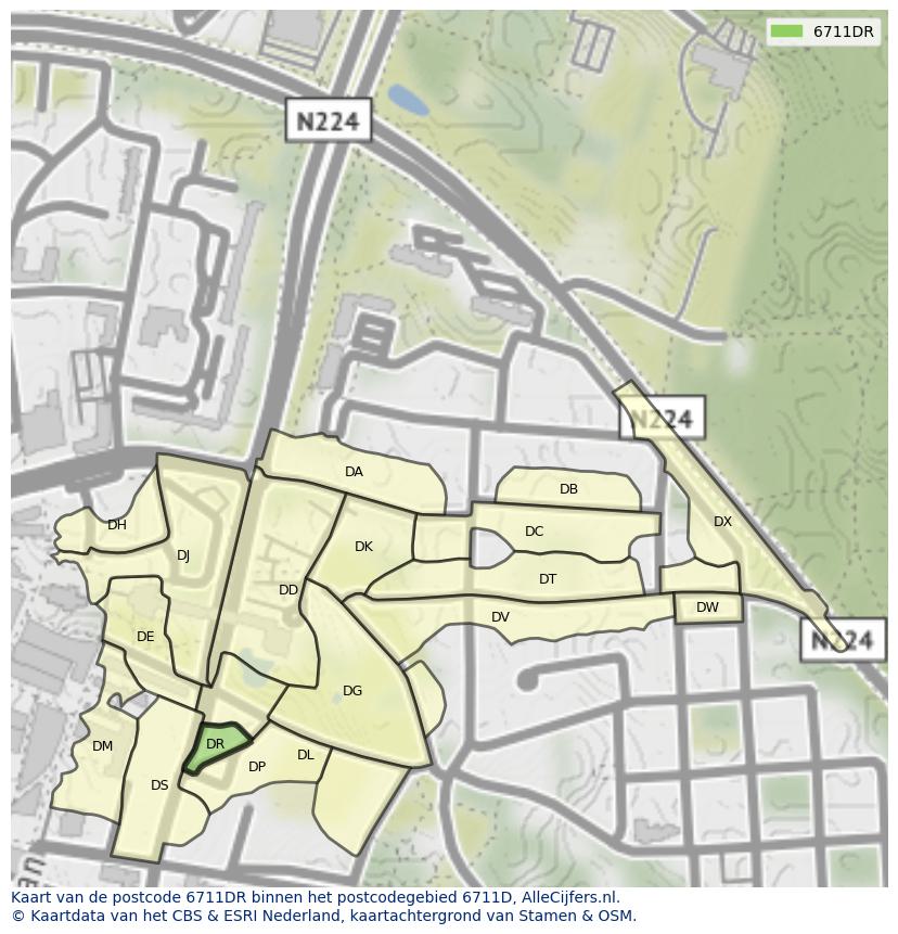 Afbeelding van het postcodegebied 6711 DR op de kaart.