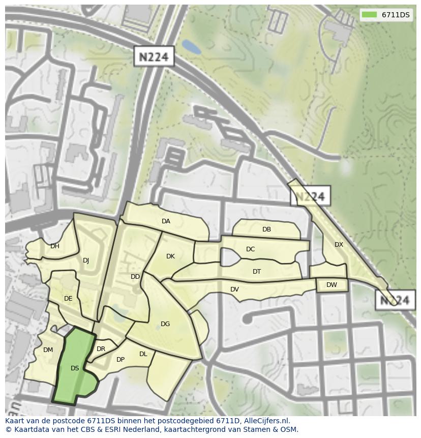 Afbeelding van het postcodegebied 6711 DS op de kaart.