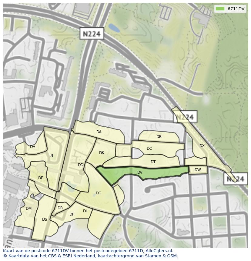 Afbeelding van het postcodegebied 6711 DV op de kaart.