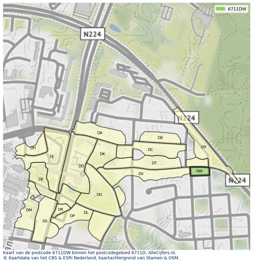 Afbeelding van het postcodegebied 6711 DW op de kaart.