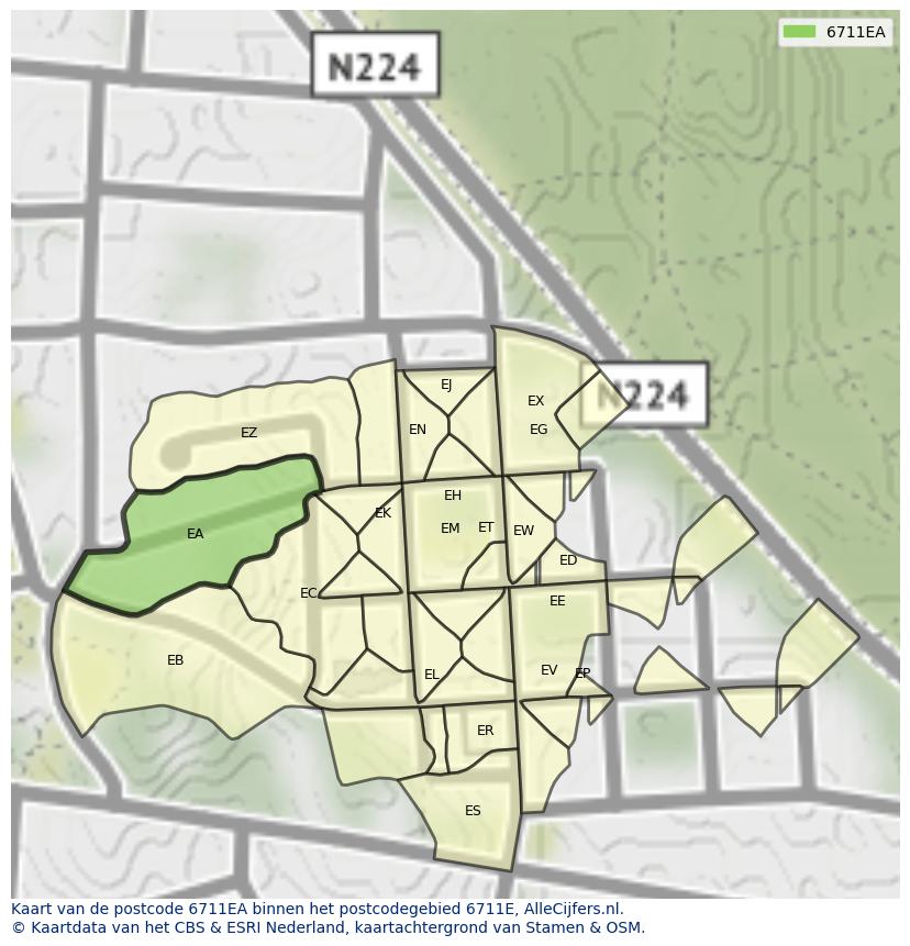 Afbeelding van het postcodegebied 6711 EA op de kaart.