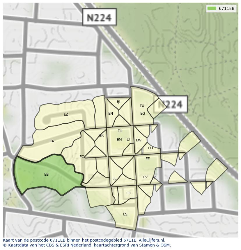 Afbeelding van het postcodegebied 6711 EB op de kaart.