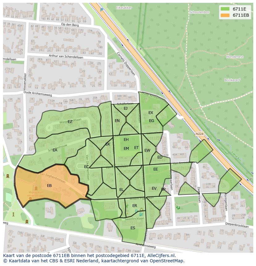 Afbeelding van het postcodegebied 6711 EB op de kaart.