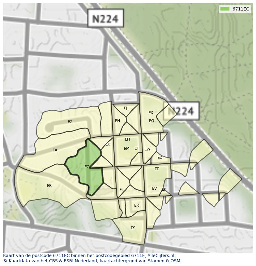 Afbeelding van het postcodegebied 6711 EC op de kaart.