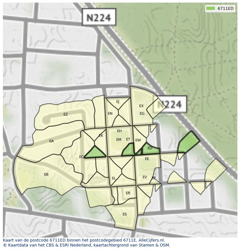 Afbeelding van het postcodegebied 6711 ED op de kaart.