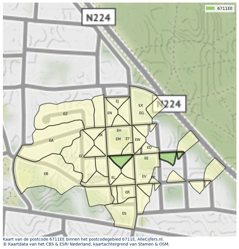 Afbeelding van het postcodegebied 6711 EE op de kaart.