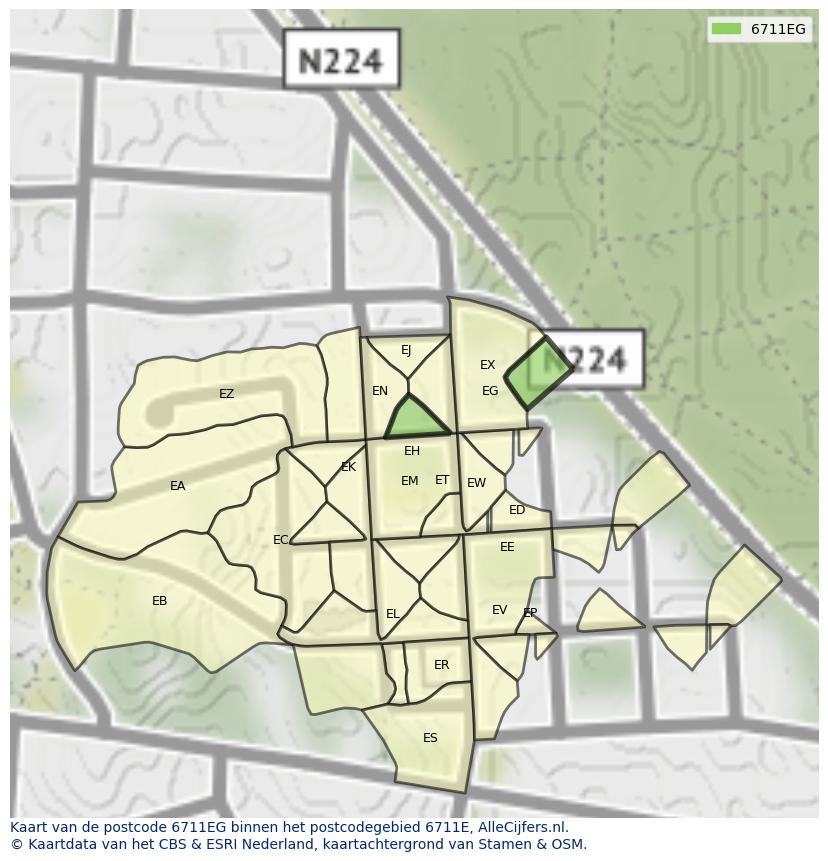 Afbeelding van het postcodegebied 6711 EG op de kaart.