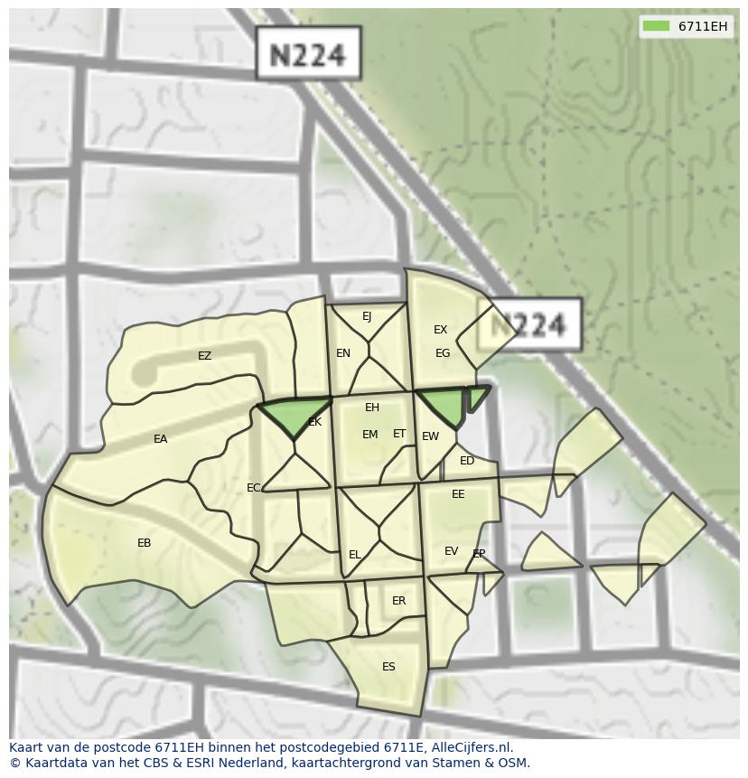 Afbeelding van het postcodegebied 6711 EH op de kaart.
