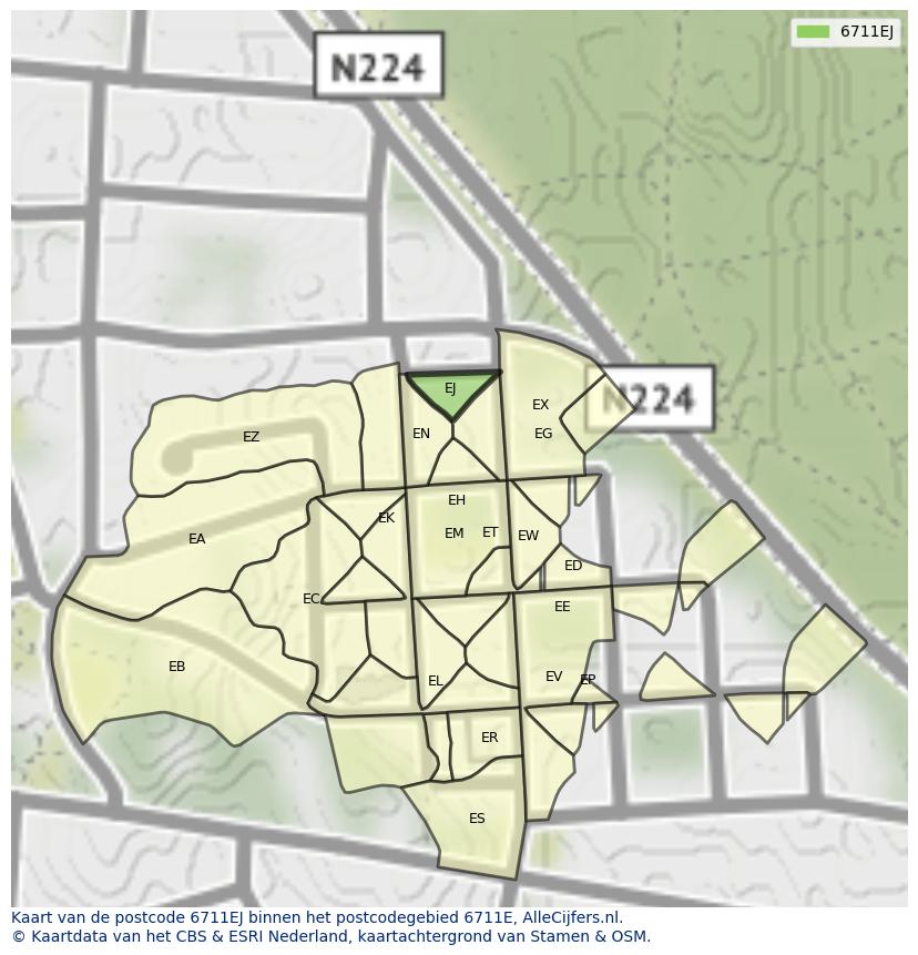 Afbeelding van het postcodegebied 6711 EJ op de kaart.