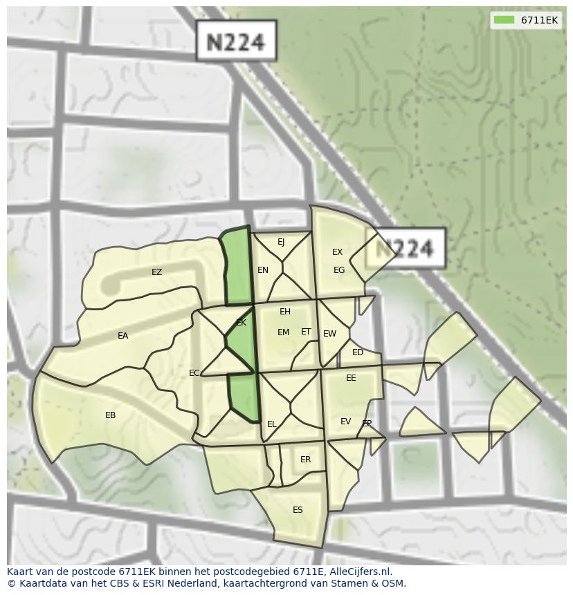 Afbeelding van het postcodegebied 6711 EK op de kaart.