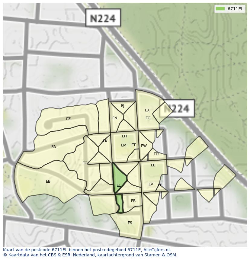 Afbeelding van het postcodegebied 6711 EL op de kaart.