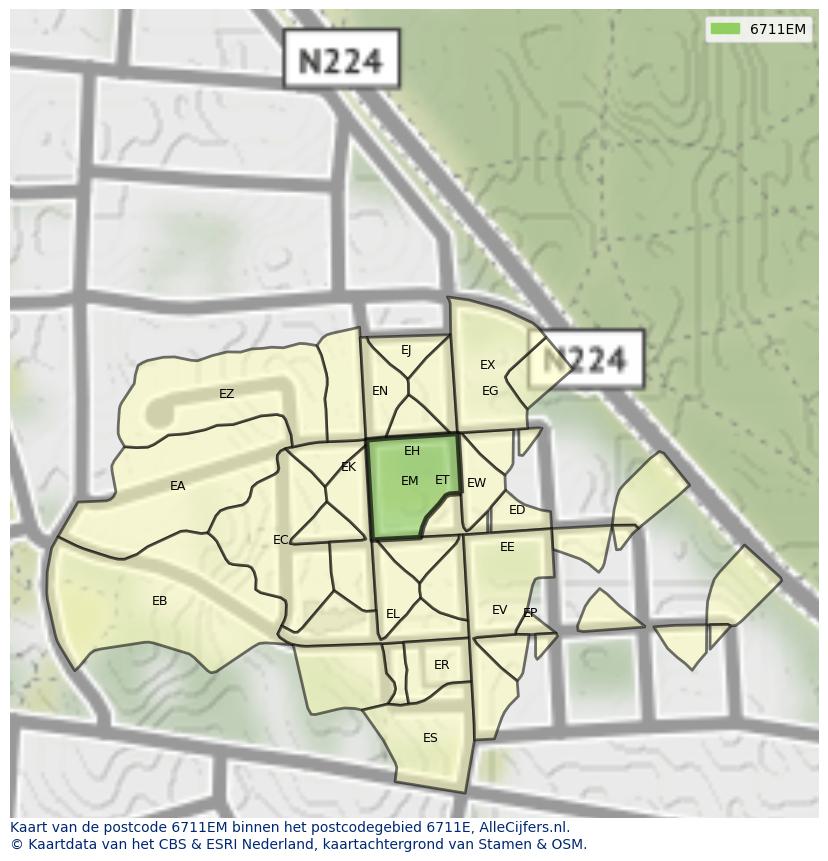Afbeelding van het postcodegebied 6711 EM op de kaart.