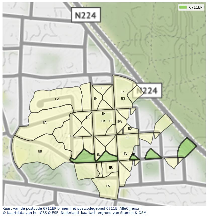Afbeelding van het postcodegebied 6711 EP op de kaart.