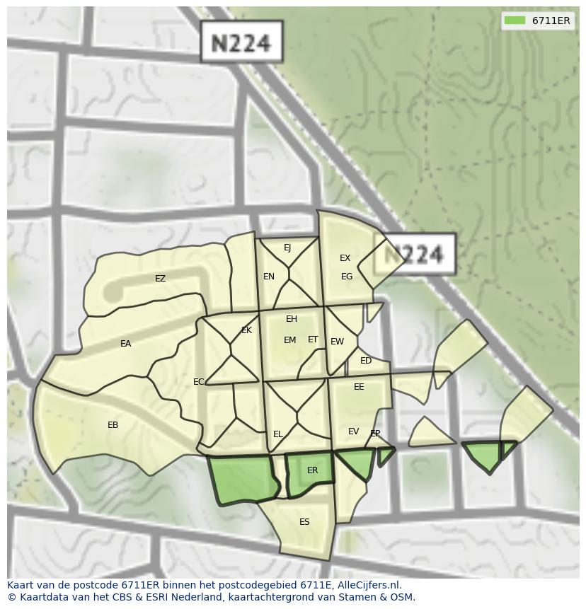 Afbeelding van het postcodegebied 6711 ER op de kaart.