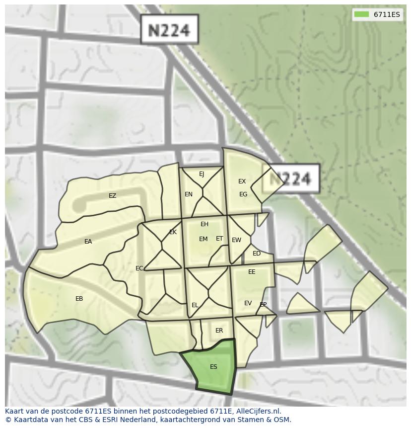 Afbeelding van het postcodegebied 6711 ES op de kaart.