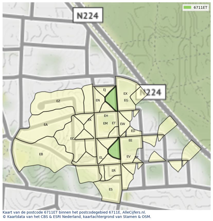 Afbeelding van het postcodegebied 6711 ET op de kaart.