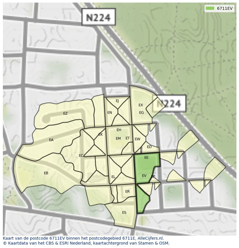Afbeelding van het postcodegebied 6711 EV op de kaart.