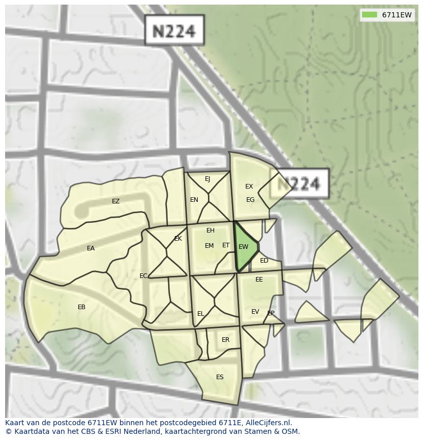 Afbeelding van het postcodegebied 6711 EW op de kaart.