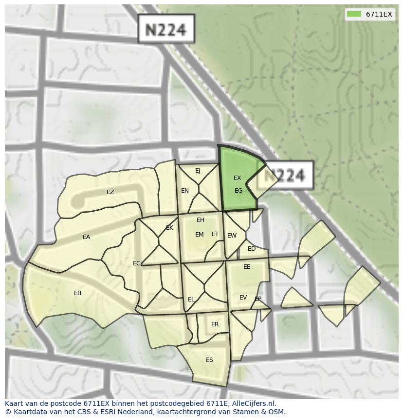 Afbeelding van het postcodegebied 6711 EX op de kaart.
