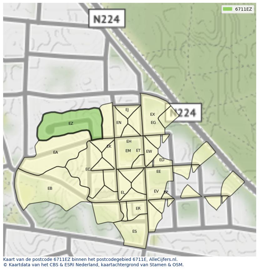 Afbeelding van het postcodegebied 6711 EZ op de kaart.