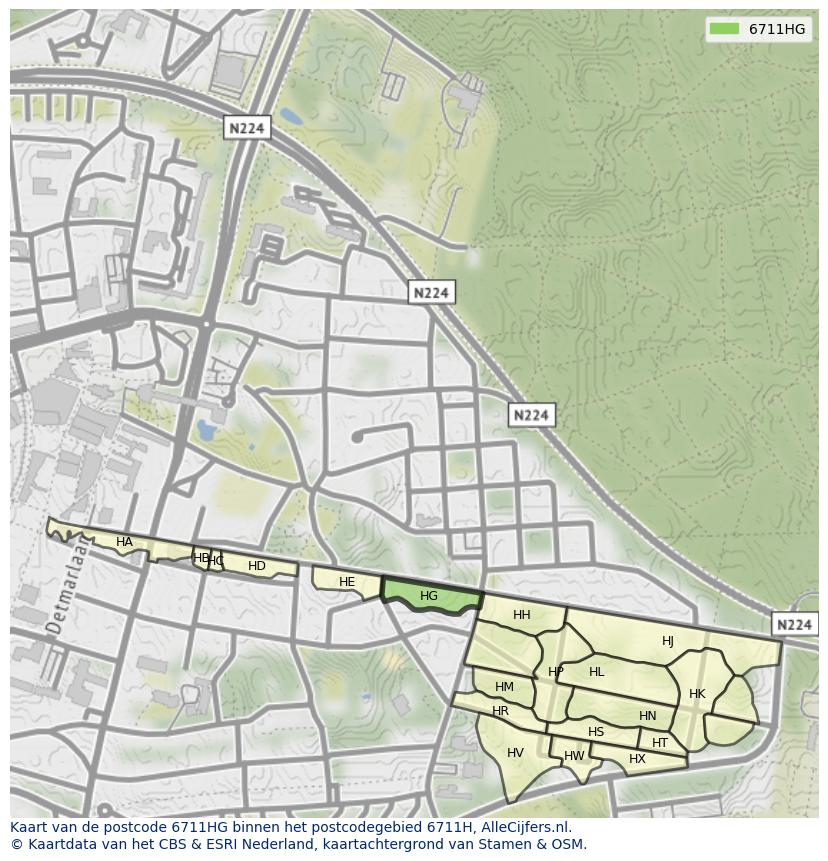 Afbeelding van het postcodegebied 6711 HG op de kaart.
